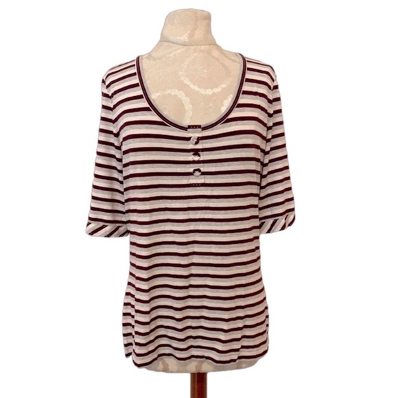 ST. JOHN Yellow Tag Burgundy Gray Cream Striped Short Sleeve Top Size Large - Picture 2 of 12